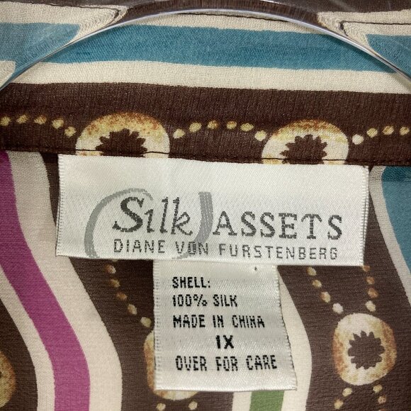 Silk Assets Diane Von Furstenberg 1X Artsy Colorful Retro Pure Silk Button Down - Picture 2 of 12